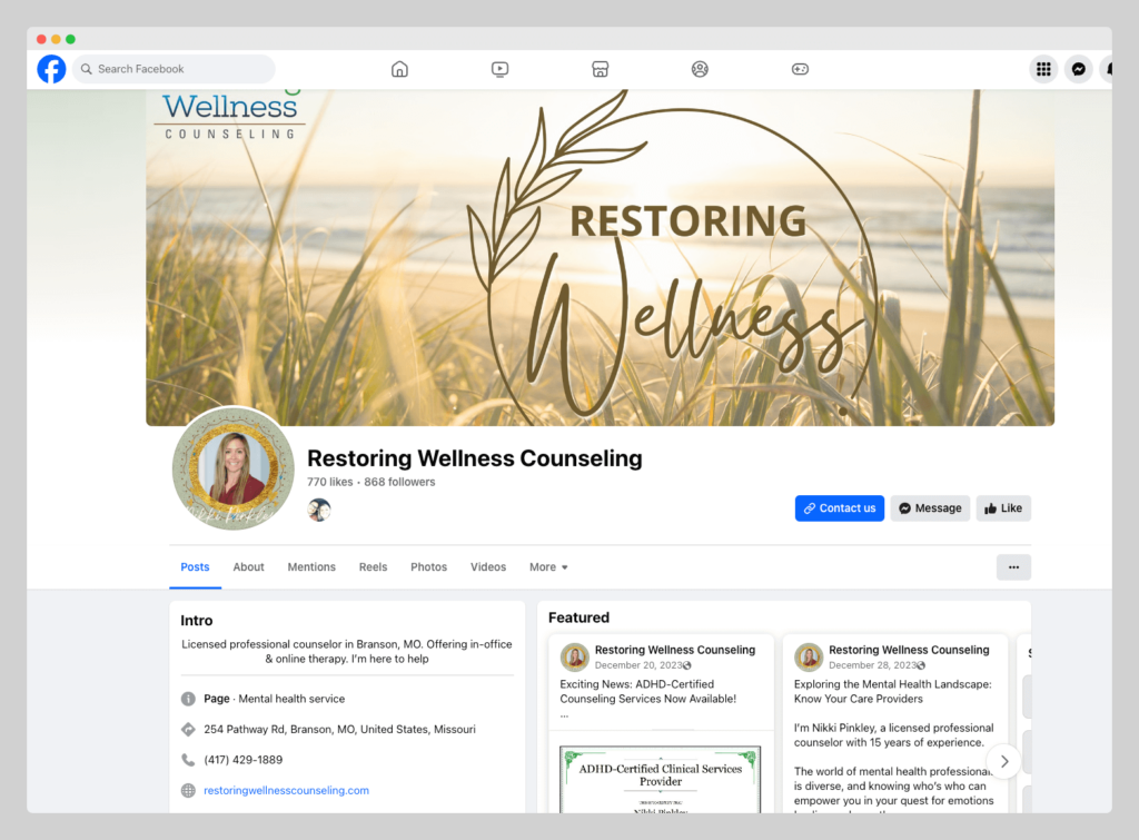 Branson Counseling Practice Restoring Wellness Facebook Page